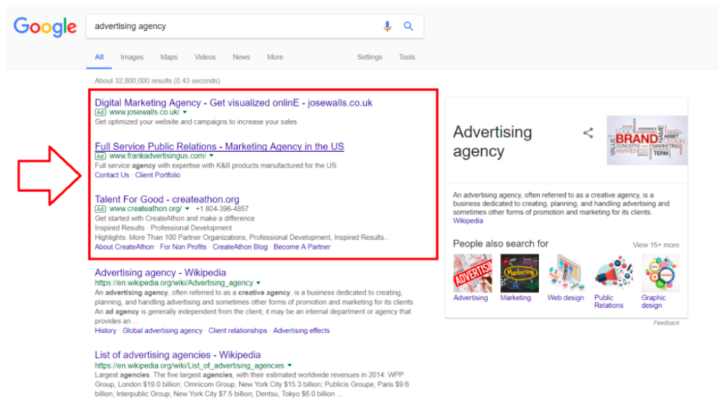 Alt text: "this image shows the interface of google search engine page where the arrow is pointing towards the first points, these points are to basically show how a search ad looks like, the highlighted line is the heading and the paragraph below this is the meta description. This image is basically for people who want to know how a search ad looks like"